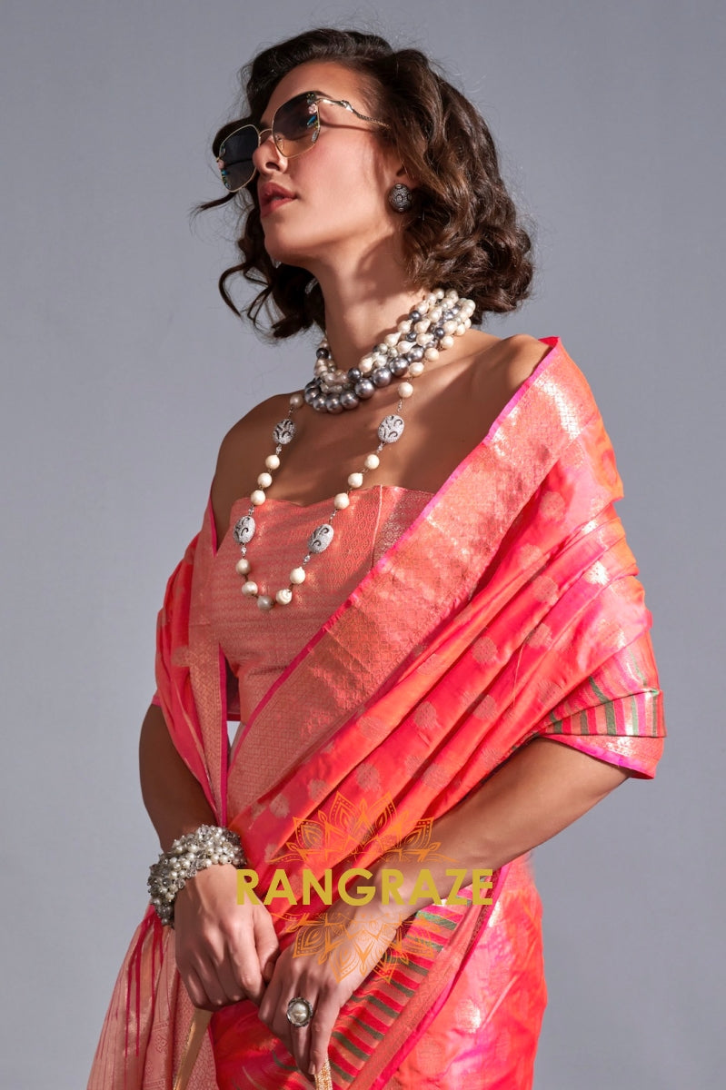 Regal Peach Red Dual Tone Banarasi Soft Silk Saree