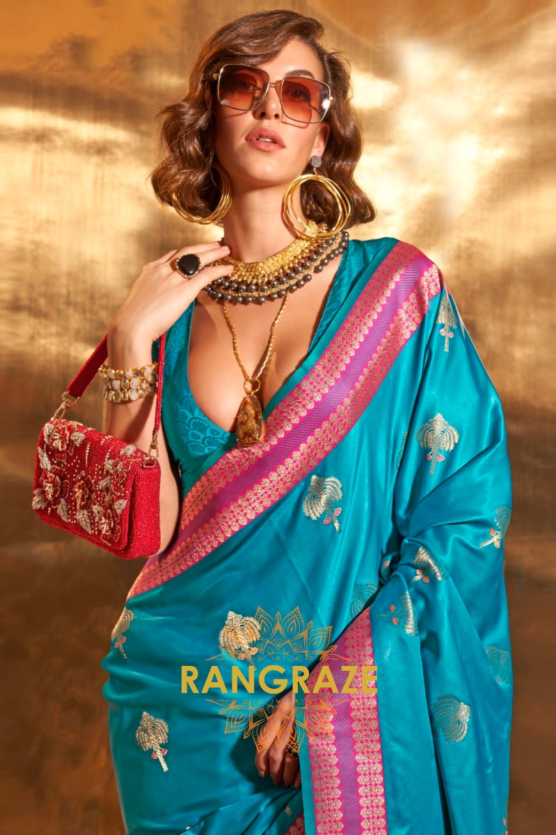 Ethereal Turquoise Woven Banarasi Satin Silk Saree