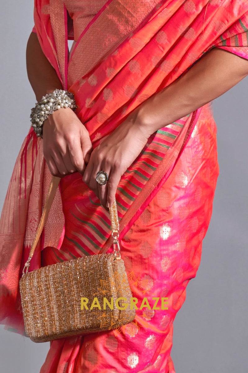 Regal Peach Red Dual Tone Banarasi Soft Silk Saree