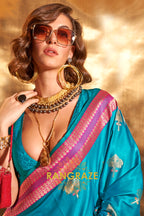 Ethereal Turquoise Woven Banarasi Satin Silk Saree