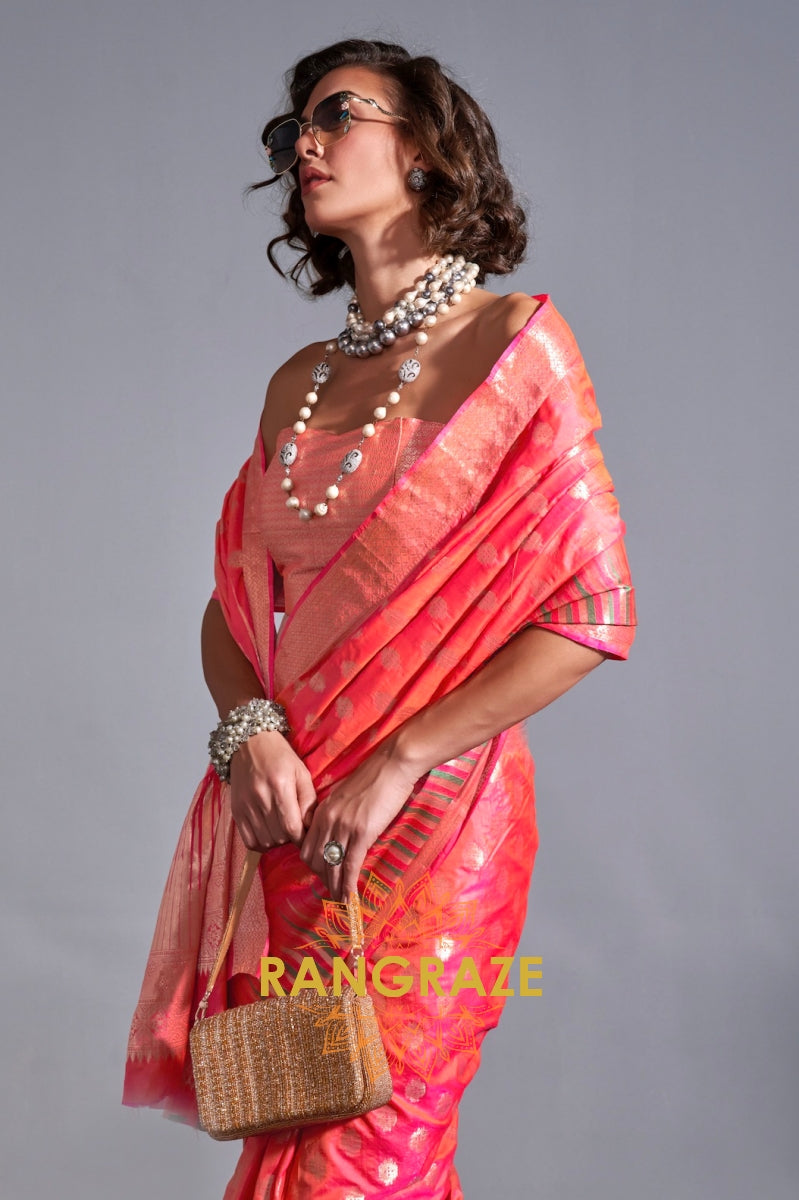 Regal Peach Red Dual Tone Banarasi Soft Silk Saree