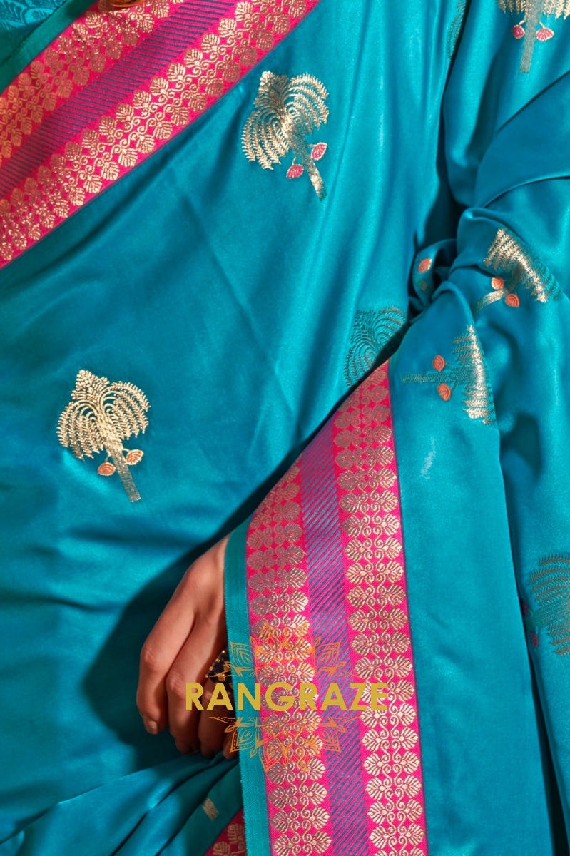Ethereal Turquoise Woven Banarasi Satin Silk Saree