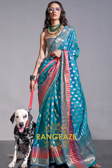 Regal Azure Blue Dual Tone Banarasi Soft Silk Saree