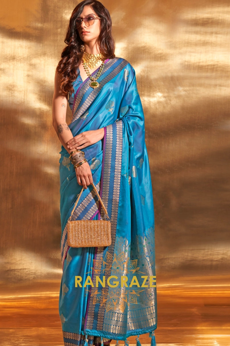 Ethereal Blue Woven Banarasi Satin Silk Saree