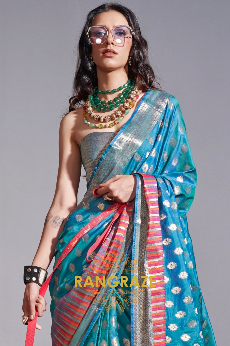 Regal Azure Blue Dual Tone Banarasi Soft Silk Saree