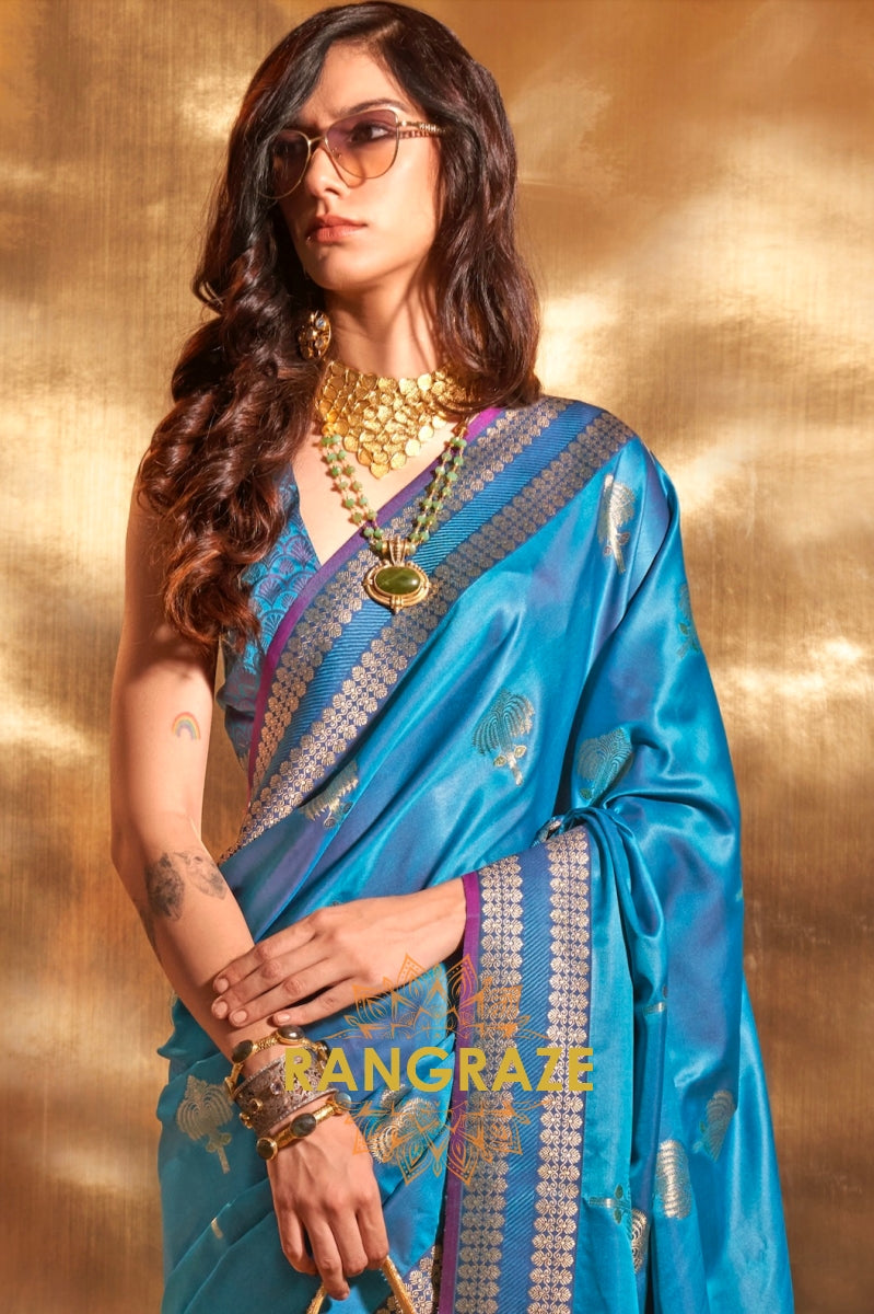 Ethereal Blue Woven Banarasi Satin Silk Saree