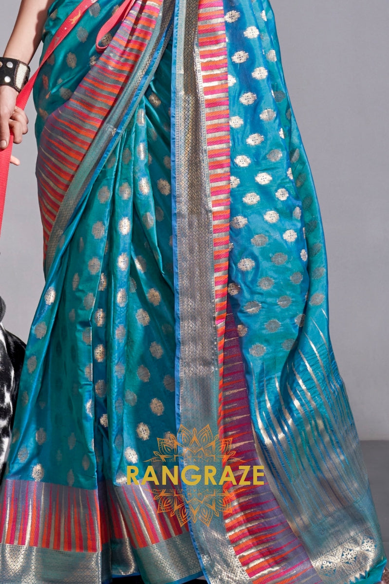 Regal Azure Blue Dual Tone Banarasi Soft Silk Saree