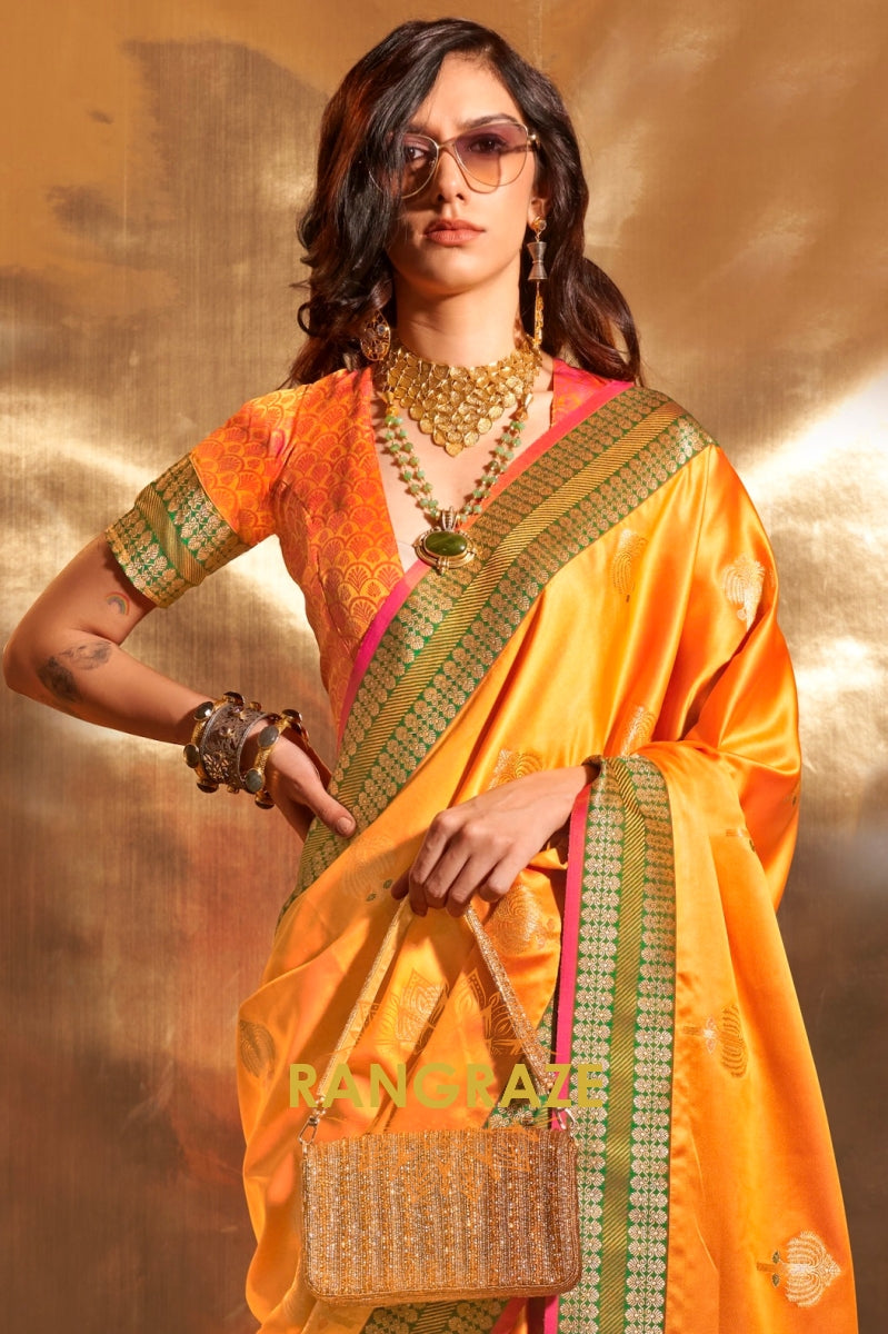 Ethereal Yellow Woven Banarasi Satin Silk Saree