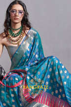 Regal Azure Blue Dual Tone Banarasi Soft Silk Saree