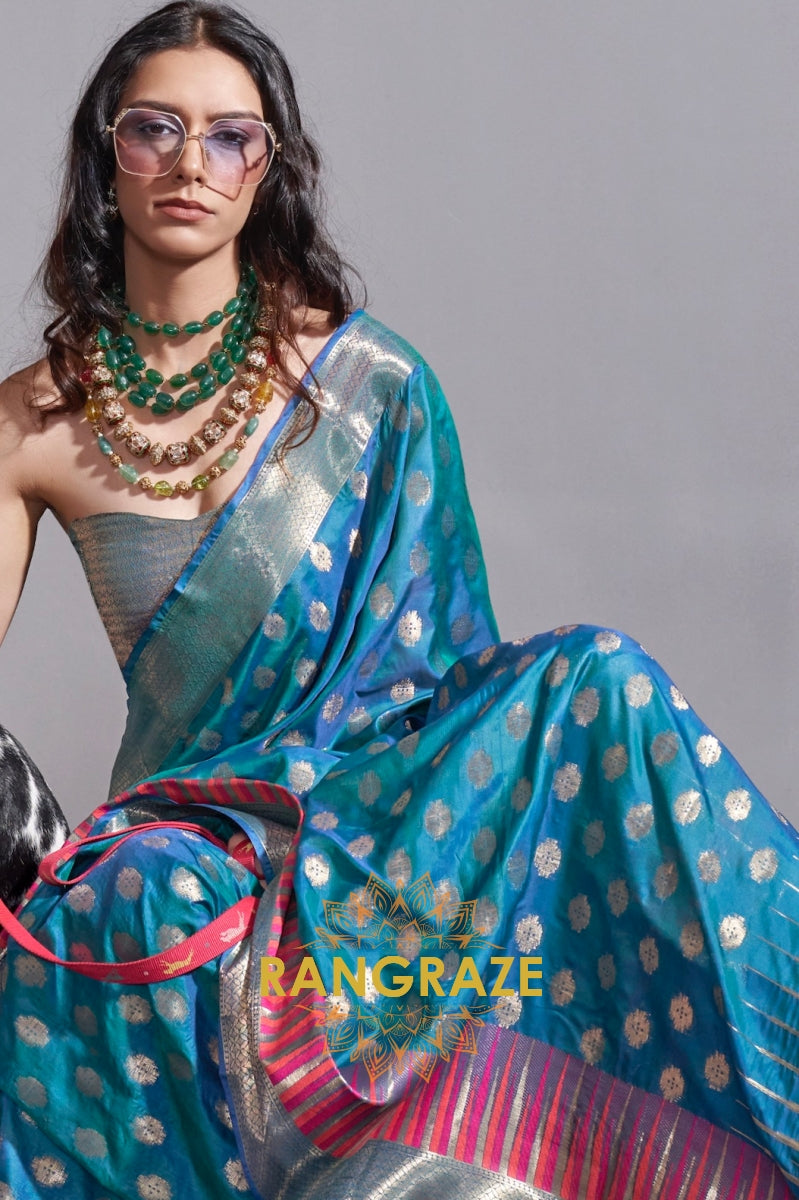 Regal Azure Blue Dual Tone Banarasi Soft Silk Saree