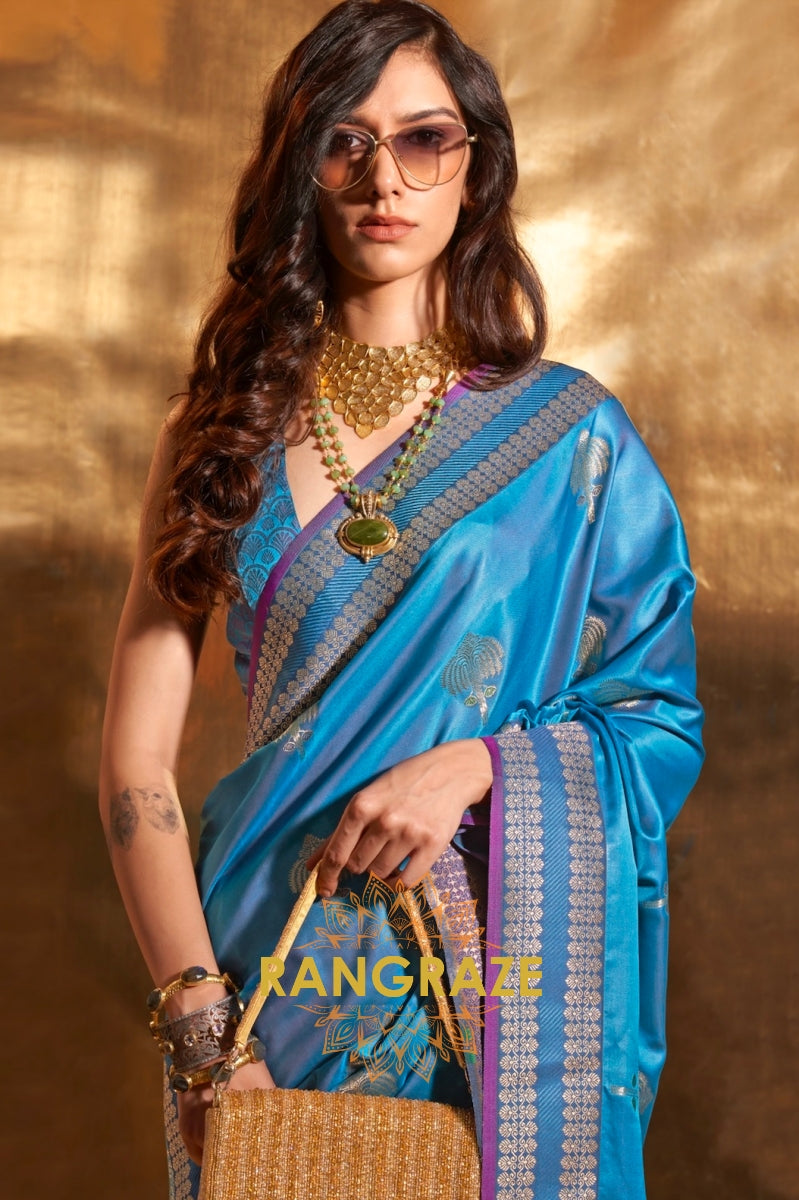 Ethereal Blue Woven Banarasi Satin Silk Saree