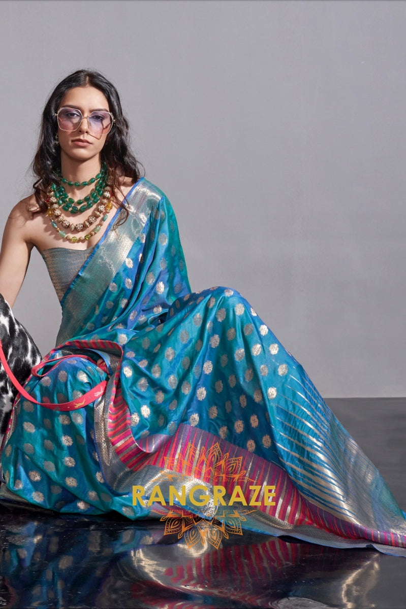 Regal Azure Blue Dual Tone Banarasi Soft Silk Saree