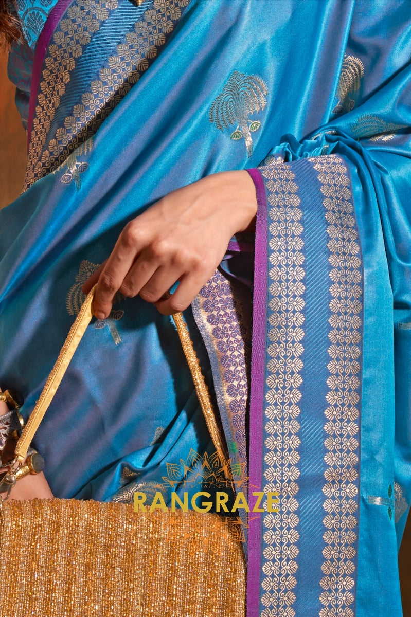 Ethereal Blue Woven Banarasi Satin Silk Saree