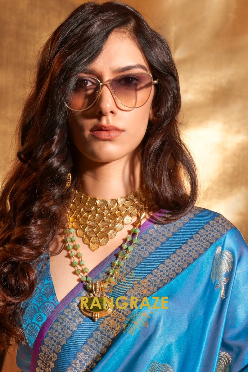 Ethereal Blue Woven Banarasi Satin Silk Saree