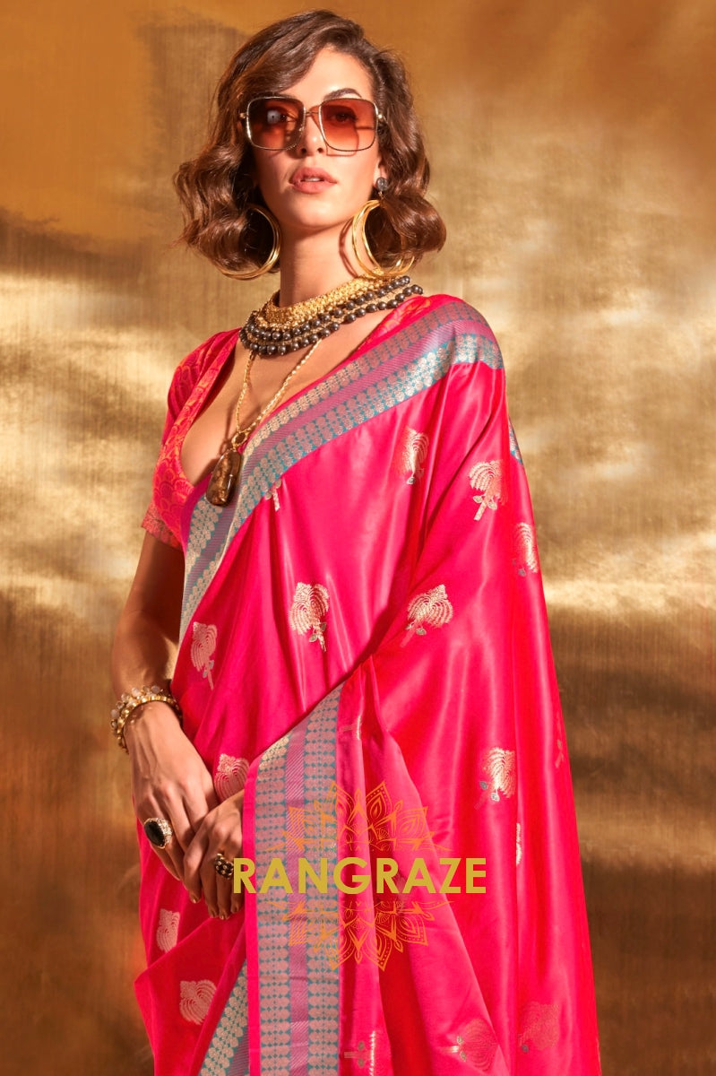 Ethereal Magenta Red Woven Banarasi Satin Silk Saree