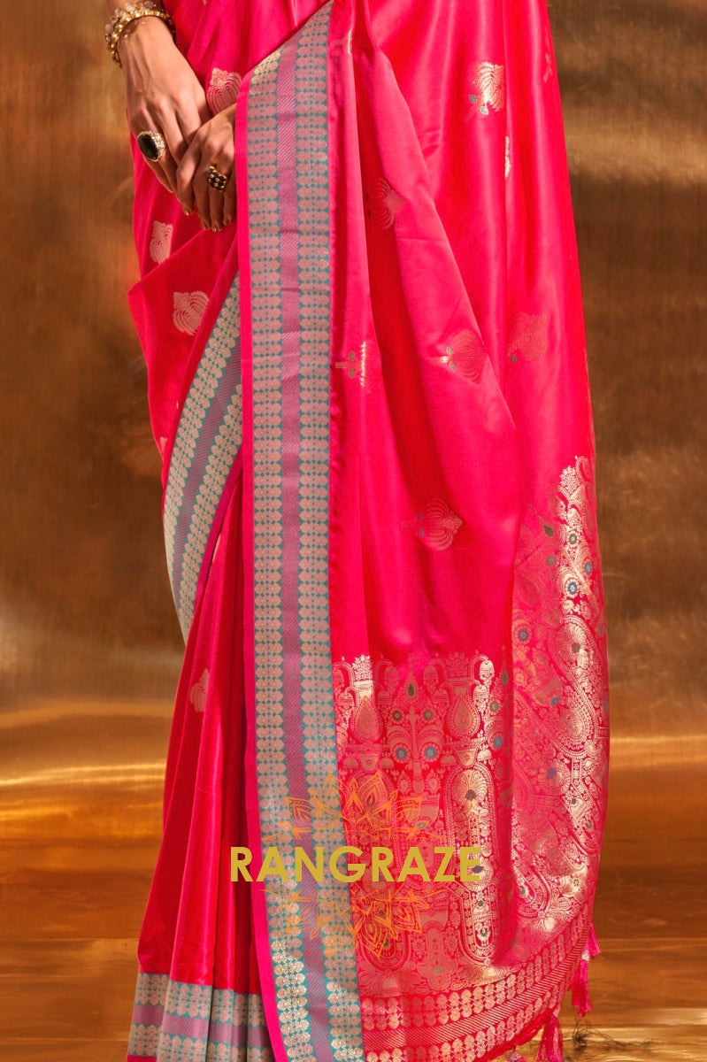 Ethereal Magenta Red Woven Banarasi Satin Silk Saree