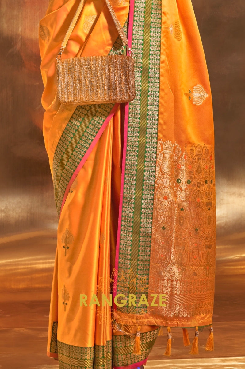 Ethereal Yellow Woven Banarasi Satin Silk Saree