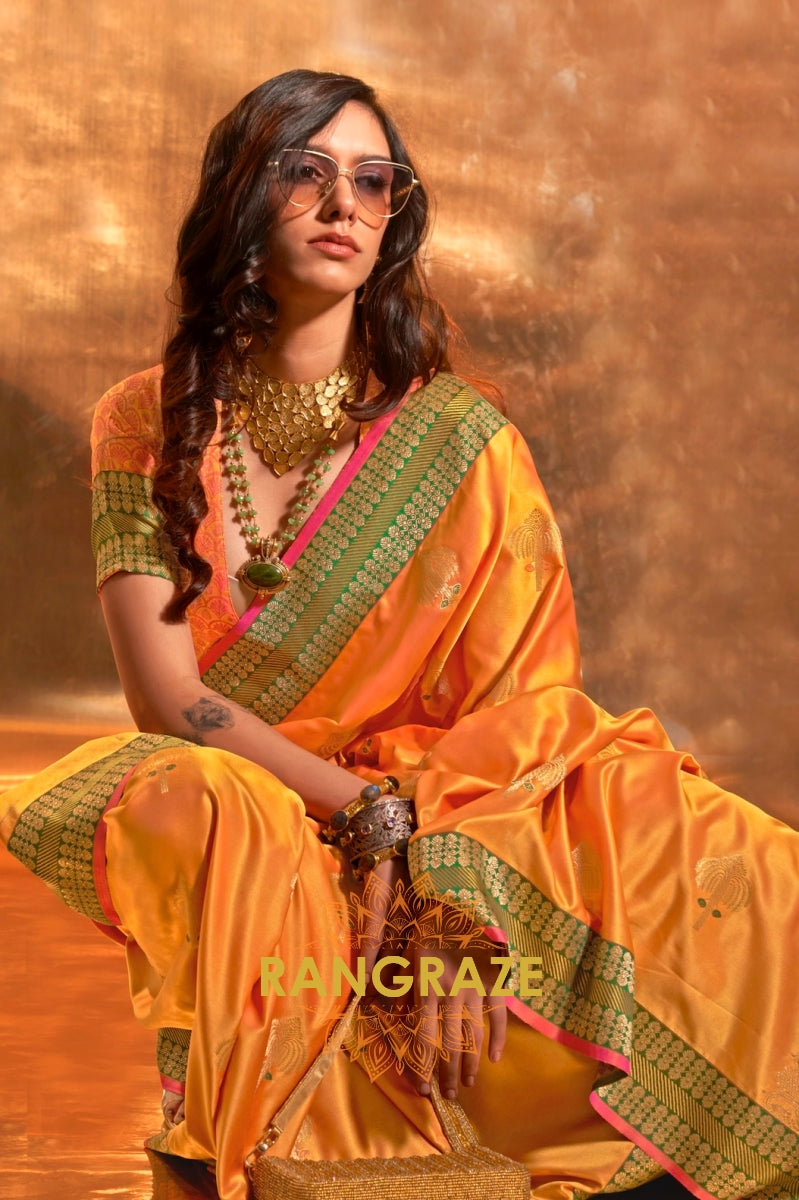 Ethereal Yellow Woven Banarasi Satin Silk Saree