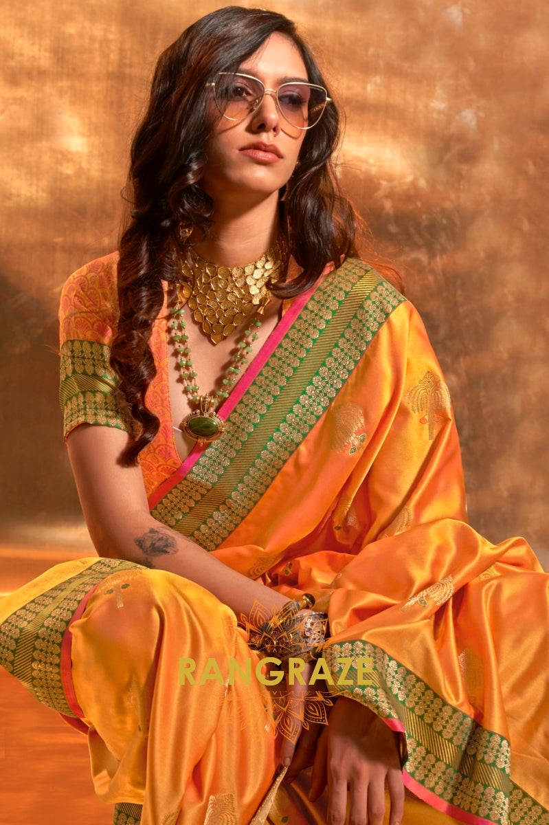 Ethereal Yellow Woven Banarasi Satin Silk Saree