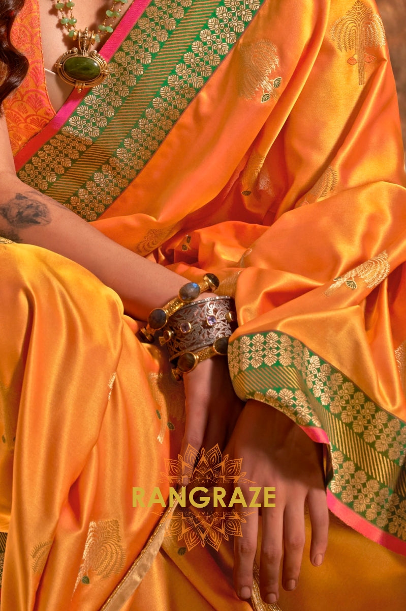 Ethereal Yellow Woven Banarasi Satin Silk Saree