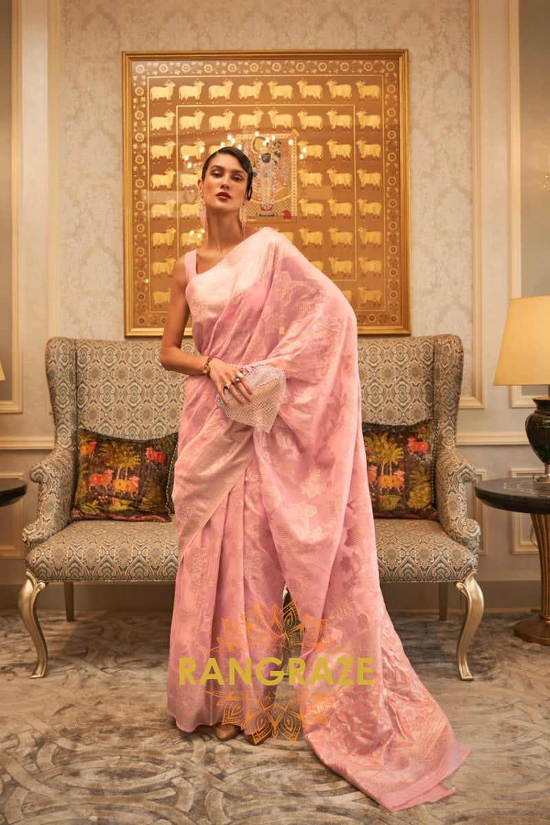 Baby Pink Woven Banarasi Cotton Cutwork Saree With Sequins