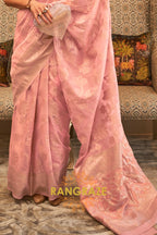 Baby Pink Woven Banarasi Cotton Cutwork Saree With Sequins
