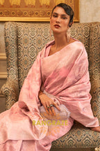 Baby Pink Woven Banarasi Cotton Cutwork Saree With Sequins