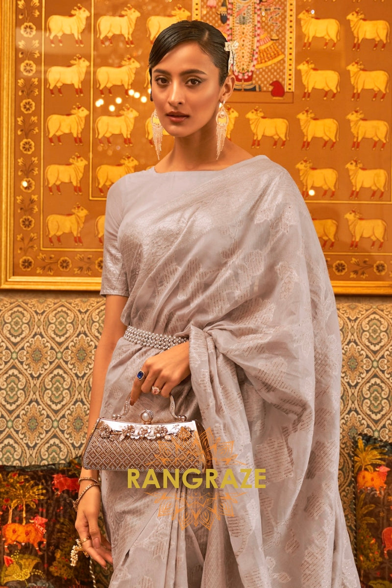 Graphite Grey Woven Banarasi Cotton Cutwork Saree With Sequins
