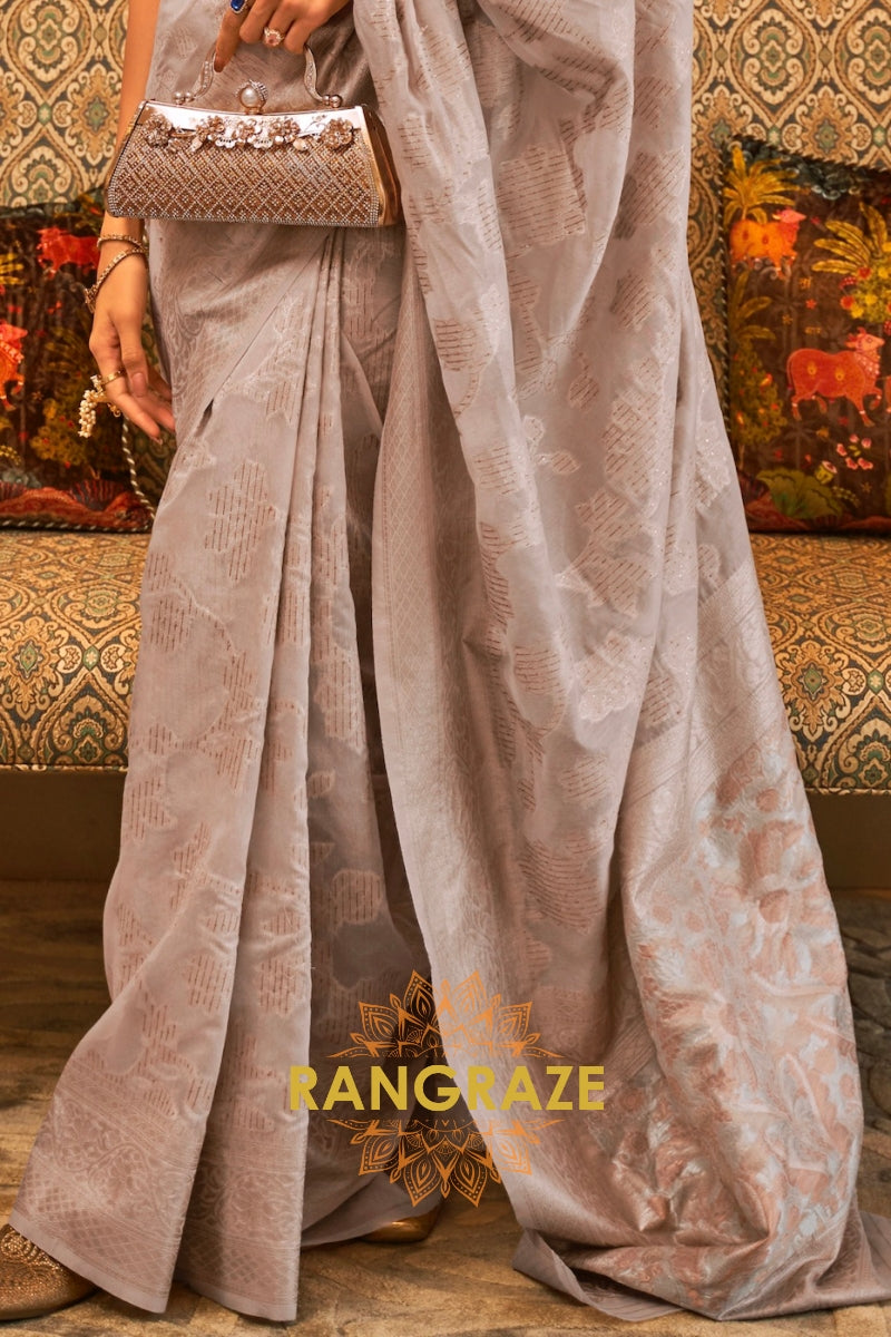 Graphite Grey Woven Banarasi Cotton Cutwork Saree With Sequins