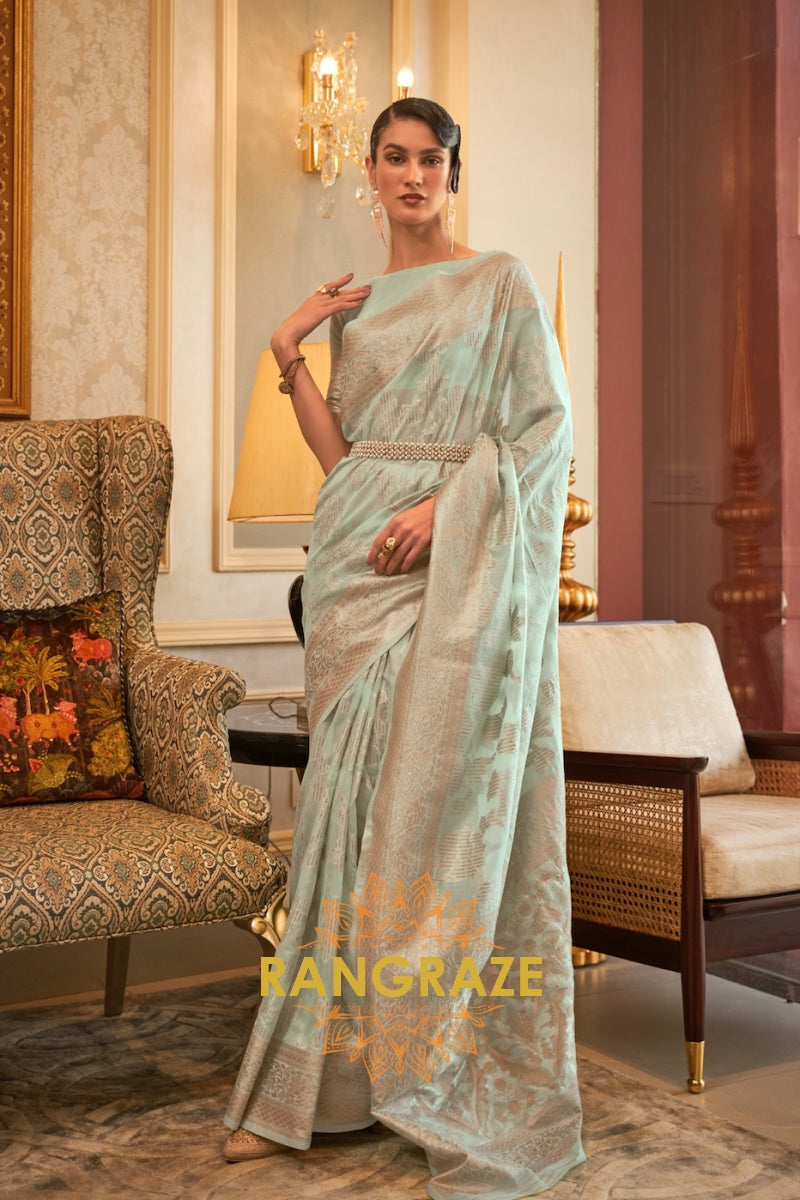 Sea Green Woven Banarasi Cotton Cutwork Saree With Sequins