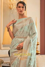 Sea Green Woven Banarasi Cotton Cutwork Saree With Sequins