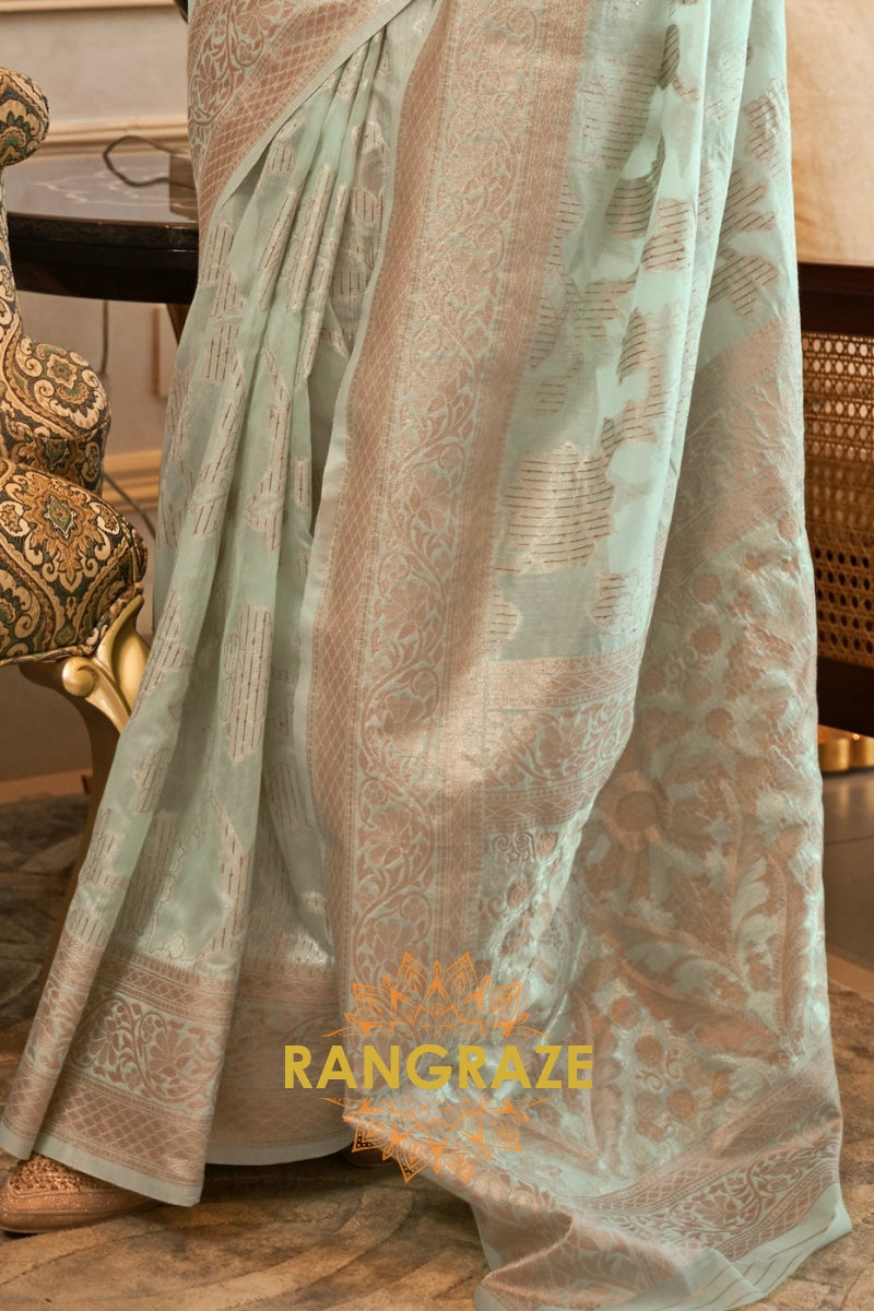 Sea Green Woven Banarasi Cotton Cutwork Saree With Sequins