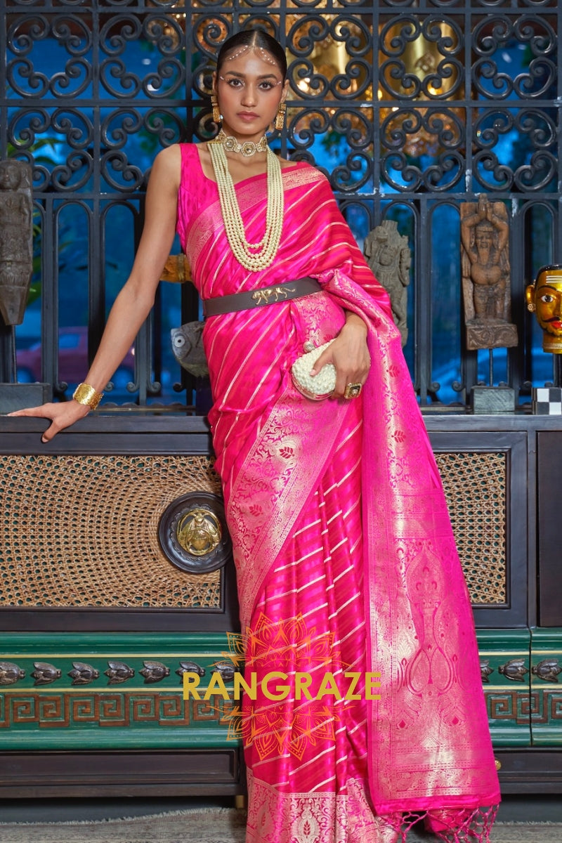 Magenta Pink Woven Banarasi Silk Saree With Gold And Silver Zari