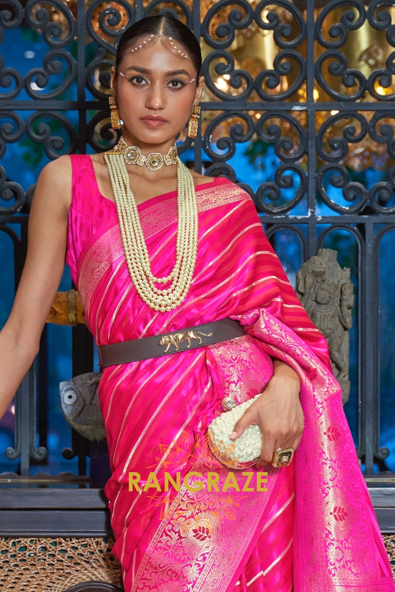 Magenta Pink Woven Banarasi Silk Saree With Gold And Silver Zari