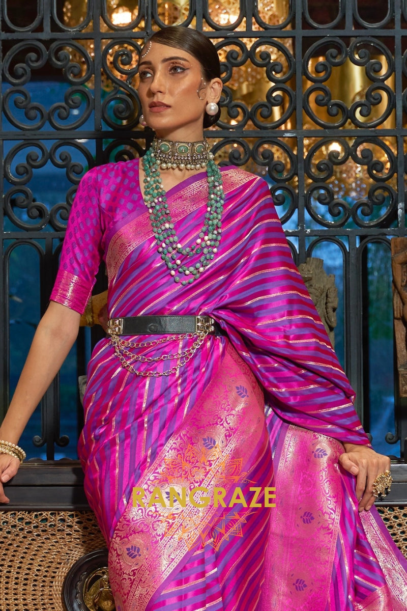 Purple Lavender Woven Banarasi Silk Saree With Gold And Silver Zari