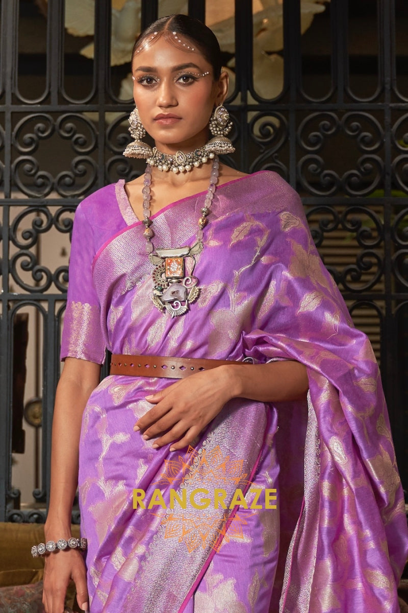 Vintage Lilac Lavender Pure Modal Handloom Weaving Banarasi Silk Saree