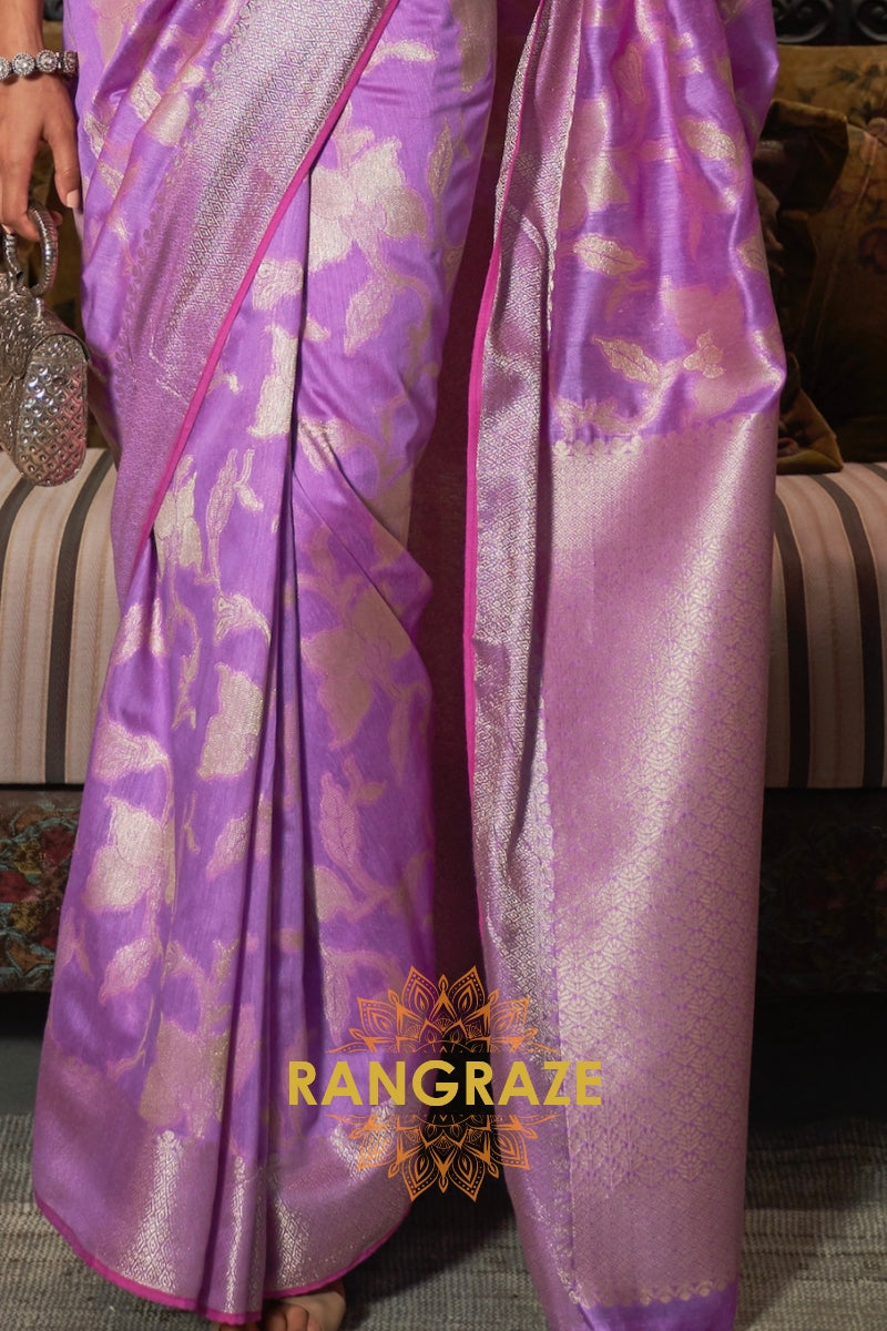 Vintage Lilac Lavender Pure Modal Handloom Weaving Banarasi Silk Saree