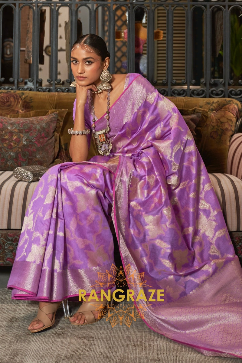 Vintage Lilac Lavender Pure Modal Handloom Weaving Banarasi Silk Saree