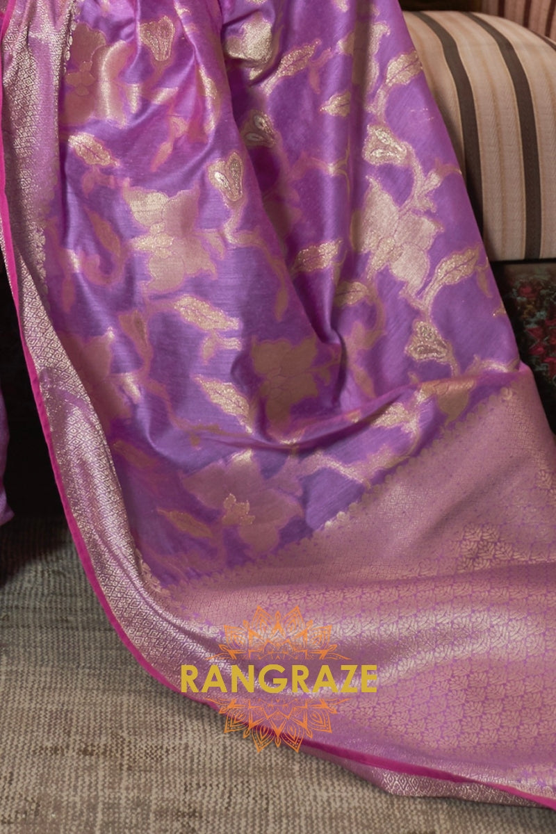 Vintage Lilac Lavender Pure Modal Handloom Weaving Banarasi Silk Saree