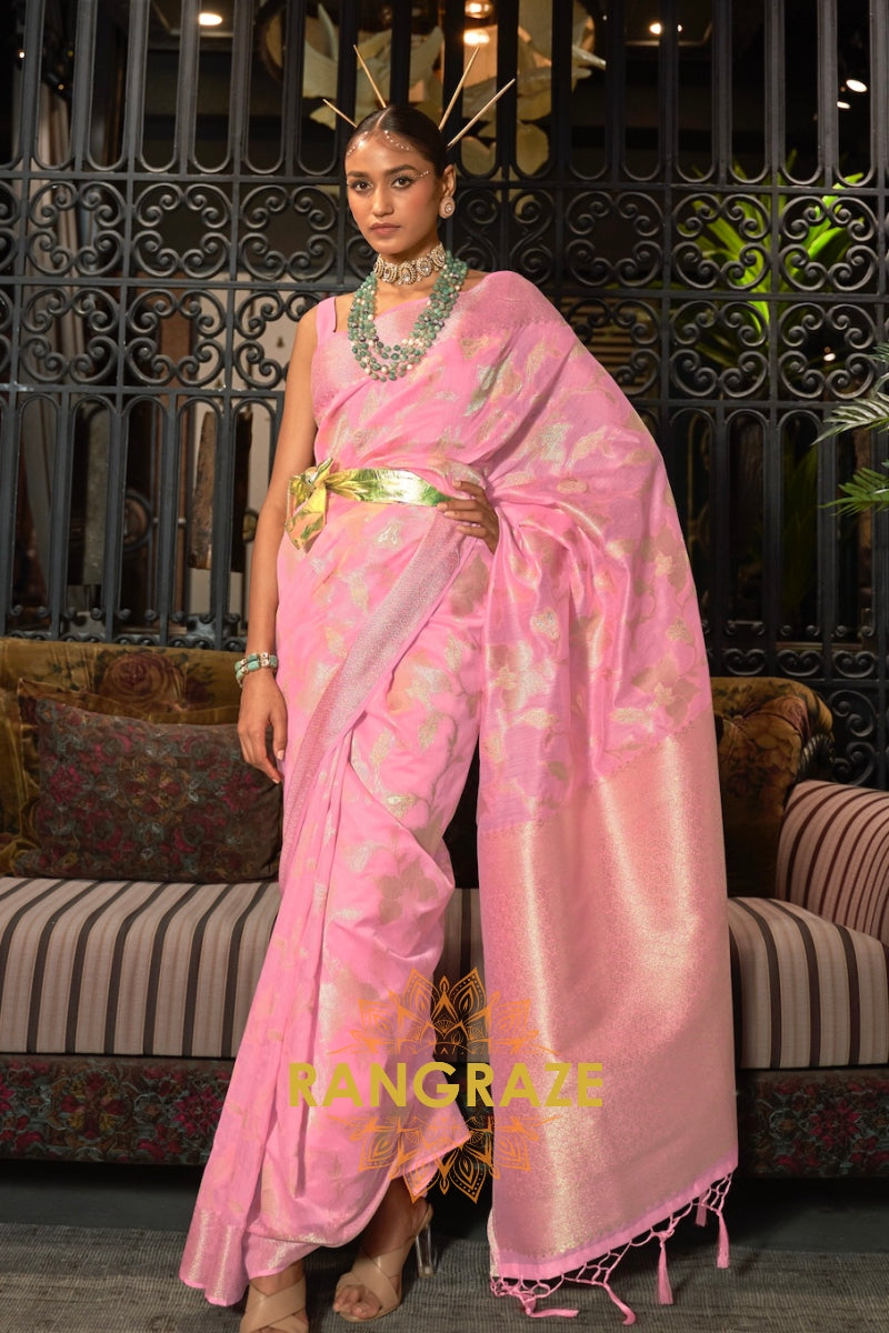 Vintage Pink Pure Modal Handloom Weaving Banarasi Silk Saree