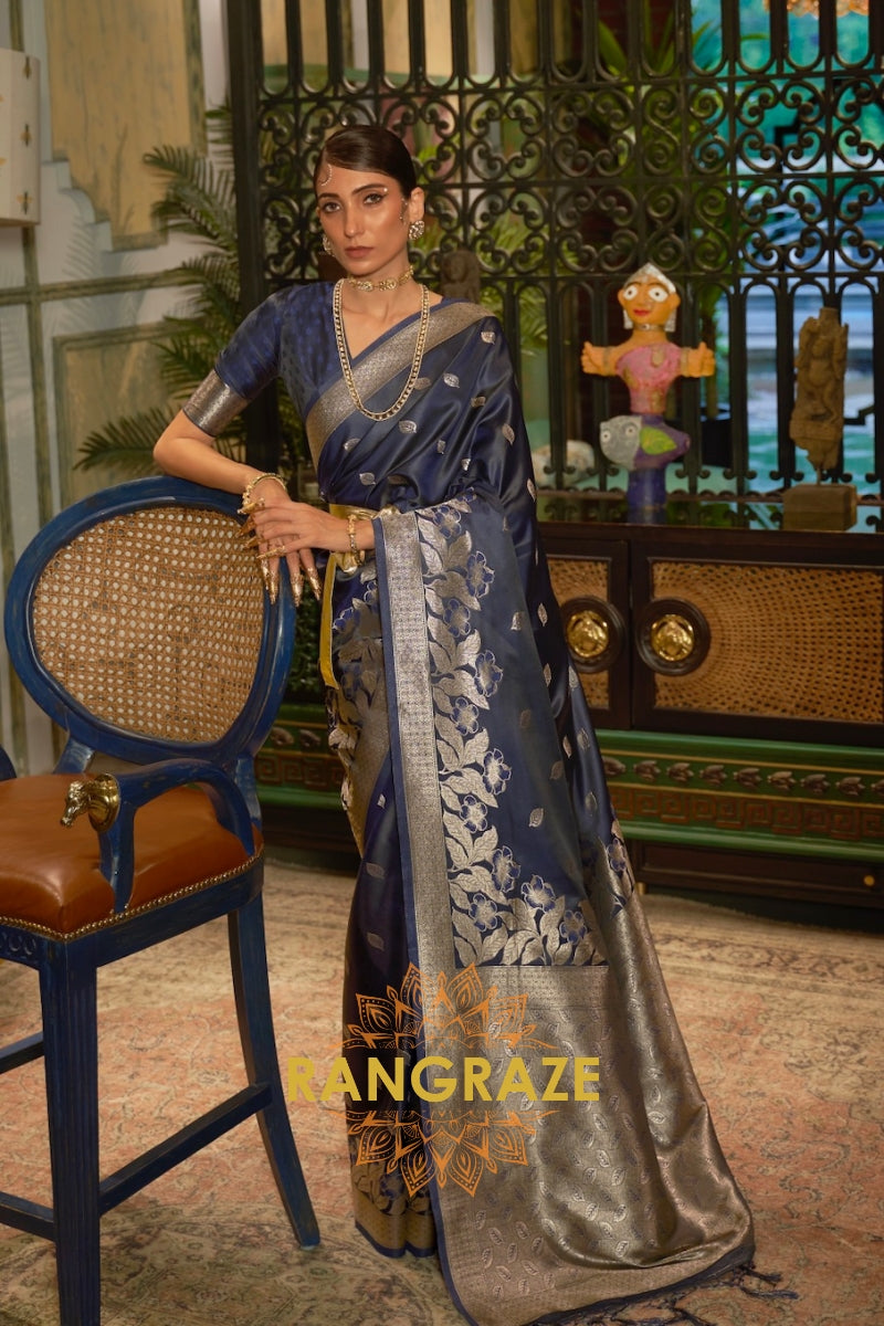 Navy Blue Woven Banarasi Silk Saree With Gold And Silver Zari