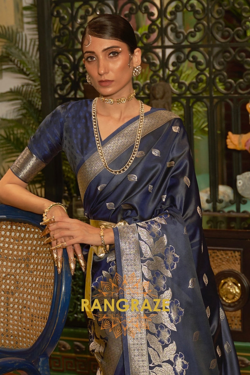 Navy Blue Woven Banarasi Silk Saree With Gold And Silver Zari
