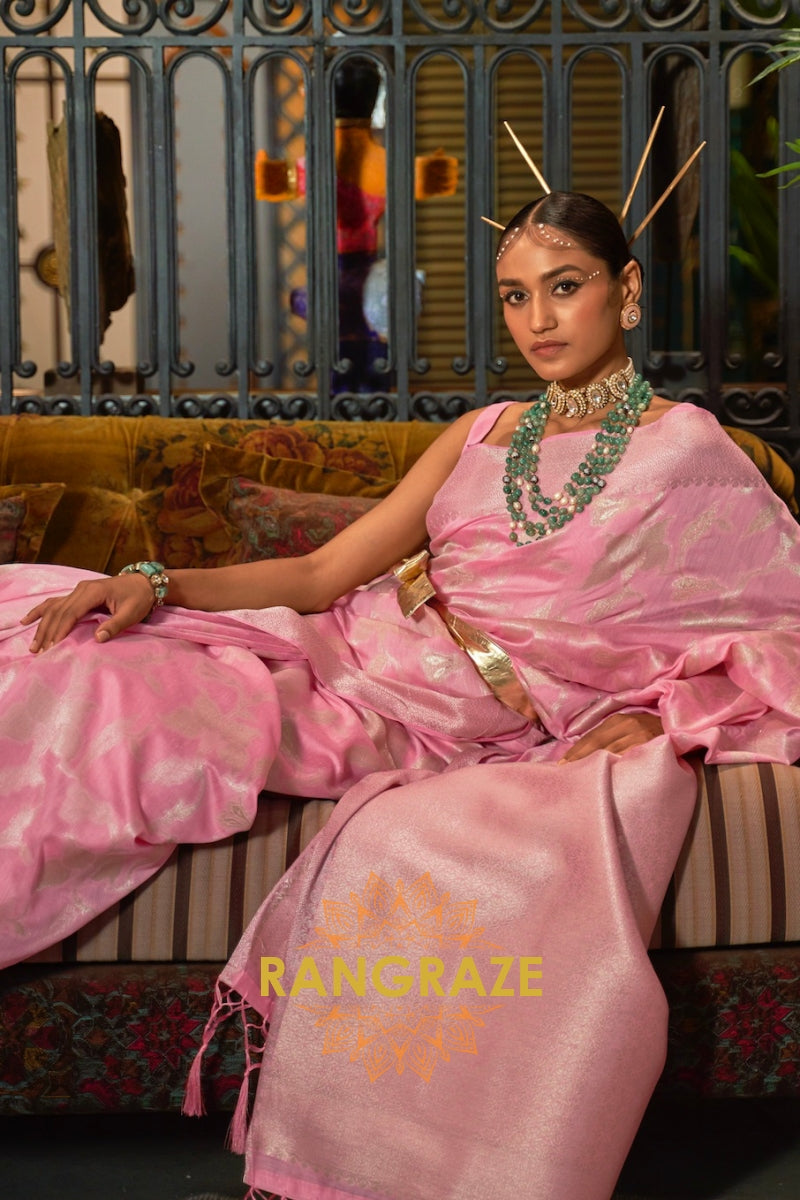 Vintage Pink Pure Modal Handloom Weaving Banarasi Silk Saree