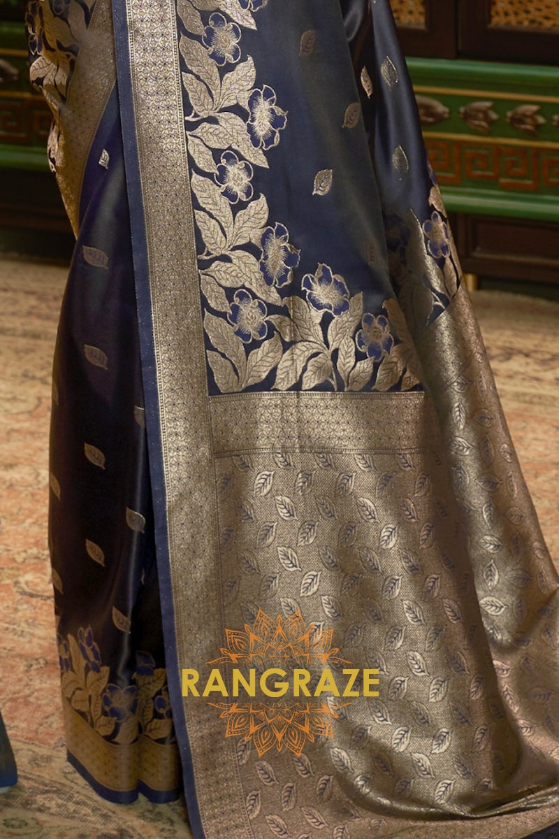 Navy Blue Woven Banarasi Silk Saree With Gold And Silver Zari