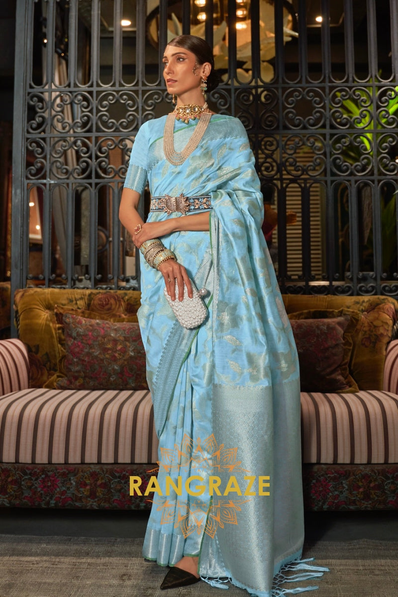 Vintage Turquoise Pure Modal Handloom Weaving Banarasi Silk Saree