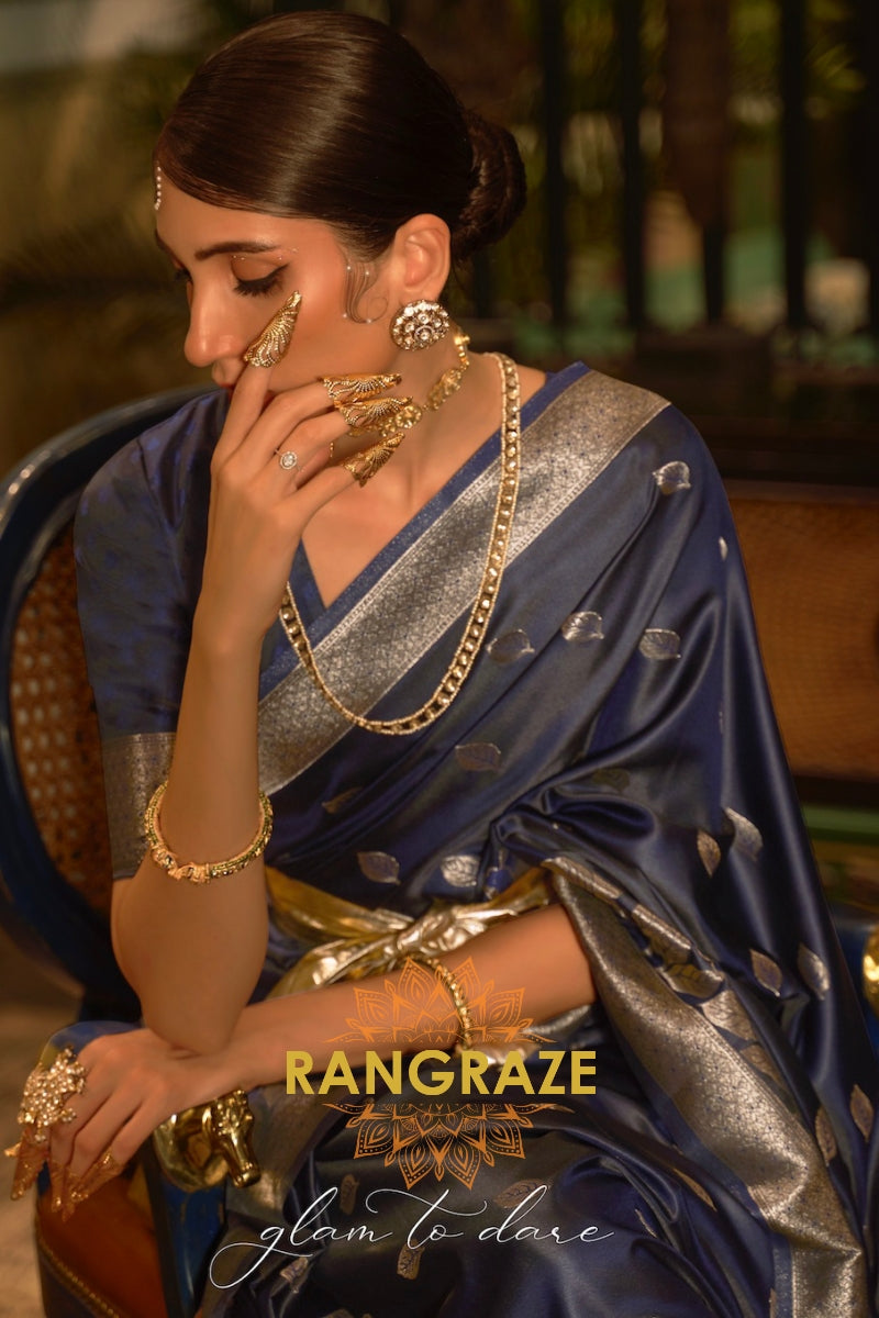 Navy Blue Woven Banarasi Silk Saree With Gold And Silver Zari