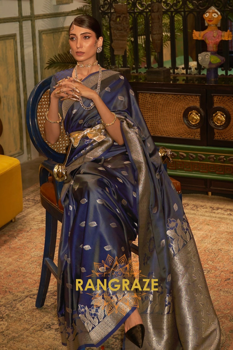 Navy Blue Woven Banarasi Silk Saree With Gold And Silver Zari