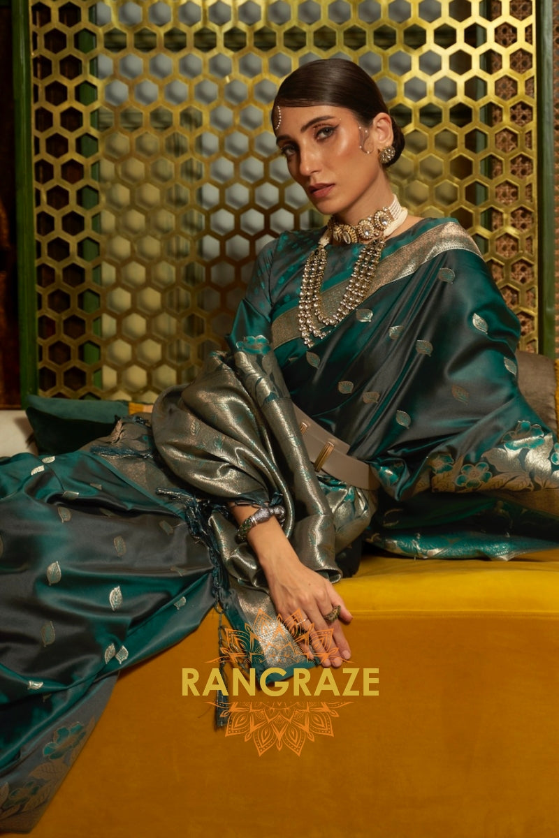 Pine Green Woven Banarasi Silk Saree With Gold And Silver Zari