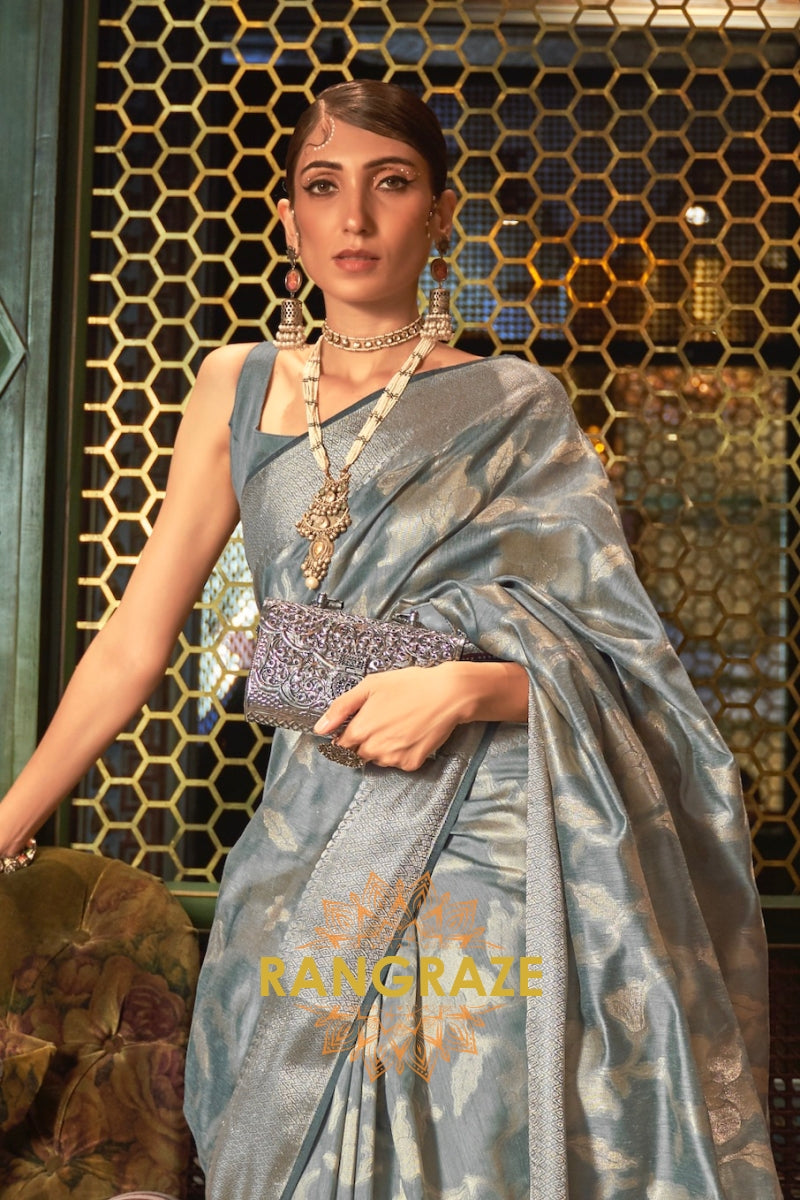 Vintage Grey Pure Modal Handloom Weaving Banarasi Silk Saree