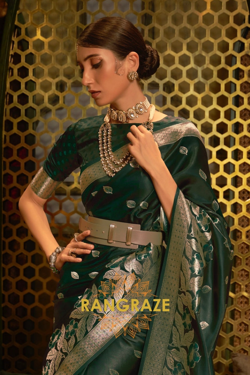 Pine Green Woven Banarasi Silk Saree With Gold And Silver Zari